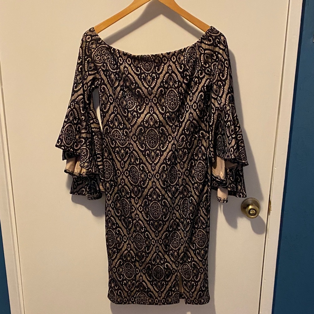 VENUS Black and Cream Boatneck Dress with Tiered Ruffle Sleeves
